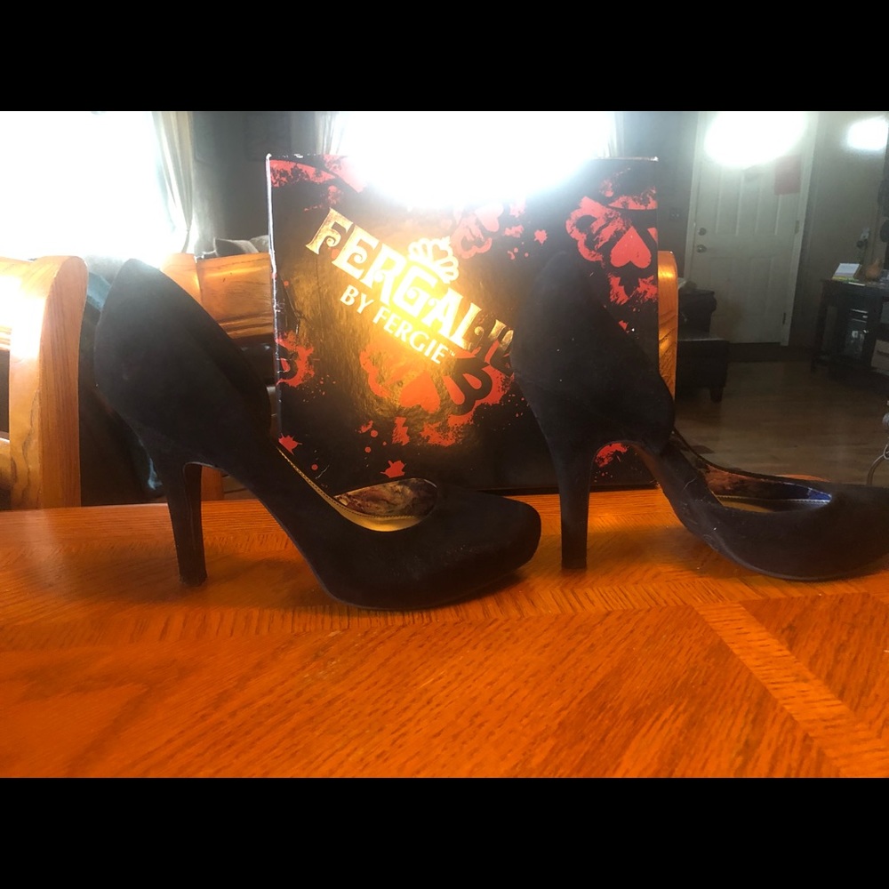 Black suede Bianca heels by Fergie